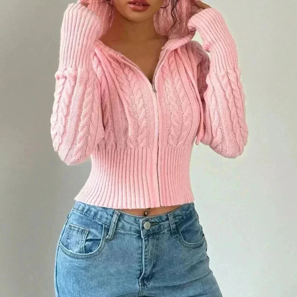 Pink Casual Women's Drawstring Hooded Cardigan - Picture 3 of 5